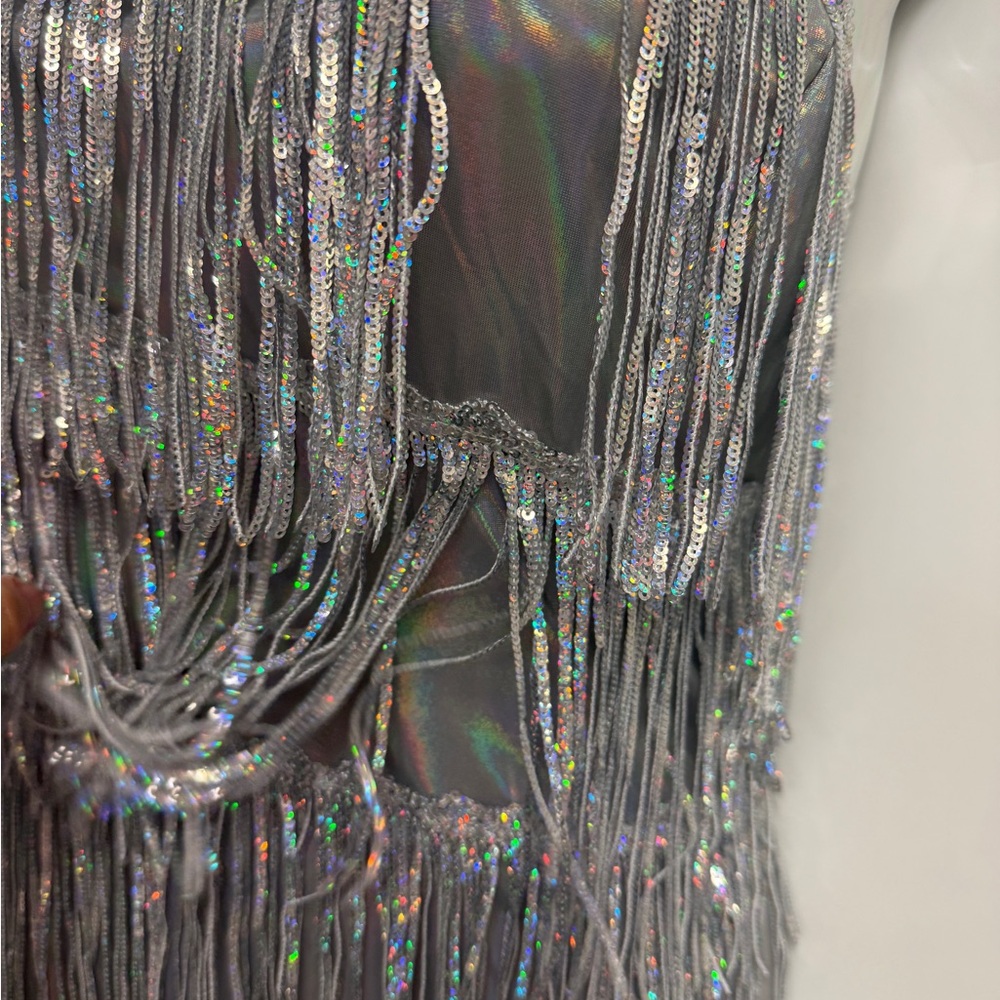 Iridescent Silver Fringe Sequin Dress sz S nwot - Picture 3 of 3